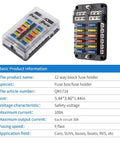 Rugged 12 Way 12V Fuse Box With LED Indicator Waterproof Cover And Ground Bus, showing internal fuses and secure cover.
