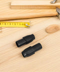 Solid 12-Piece Broom Handle Threaded Tip Repair Kit for Mops And Swabs. black plastic adapter pieces with measuring tape on wood