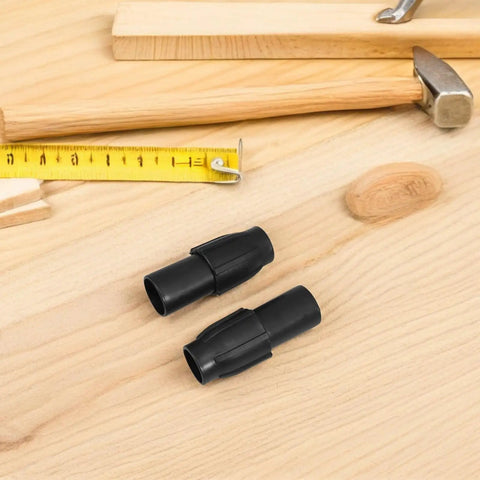 Solid 12-Piece Broom Handle Threaded Tip Repair Kit for Mops And Swabs. black plastic adapter pieces with measuring tape on wood
