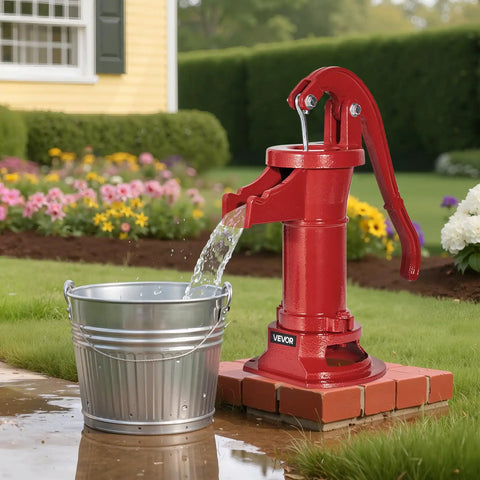 Old School Cast Iron Hand Pitcher Water Pump For Garden And Pond, Antique Manual Well Pump with NPT One And A Quarter Inch Connection, Red