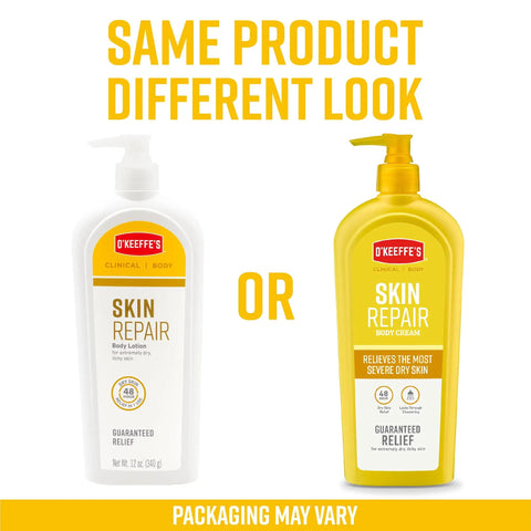 Image of Skin Repair Body Lotion For Extremely Dry Skin Unscented Quick Absorbing Non Greasy Moisturizer 12 Ounce Pump Bottle Hypoallergenic 48 Hour Hydration Packaging May Vary showing two bottle designs.