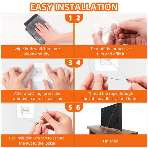 Step-by-step installation guide for Six Pack Adjustable Forty Two Inch Metal TV Safety Straps No Drill Adhesive Anti Tip Furniture Wall Anchors for Baby Proofing Secure Flat Screens to Wall Cabinet Stand or Desk Dresser Bookshelf