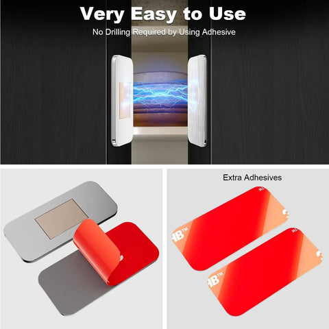 Tool Free No Drill Magnetic Cabinet Door Catch With Ultra Strong Adhesive shown with installation and extra adhesive pads