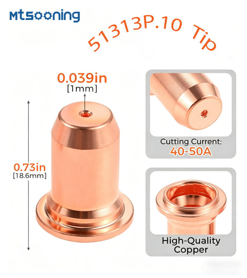 Copper tip from the 23 Pcs Plasma Cutting Torch Consumables Kit for IPT 40 IPT 60 PT 60 PT40 and MP Series, showing dimensions