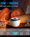 Ultrasonic Retainer Cleaner Machine 45kHz on nightstand, 45dB sound level, low-noise featuring a sleeping person in background.