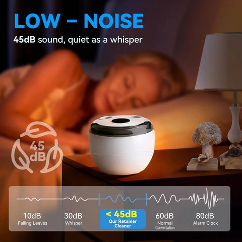 Ultrasonic Retainer Cleaner Machine 45kHz on nightstand, 45dB sound level, low-noise featuring a sleeping person in background.