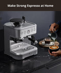 Top Shelf Home Espresso Machine With Built In Conical Burr Grinder 15 Bar Pump Dual PID Temp Control And Auto Milk Frother 85 Oz Tank making a latte.
