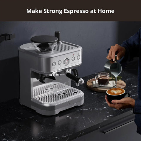 Top Shelf Home Espresso Machine With Built In Conical Burr Grinder 15 Bar Pump Dual PID Temp Control And Auto Milk Frother 85 Oz Tank making a latte.