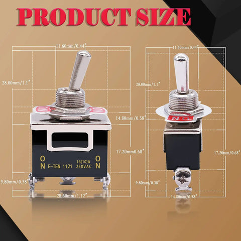 Heavy Duty Rocker Toggle Switch Pack Of 3 16A 250V AC SPDT 2 Position 3 Pin On On with size dimensions shown