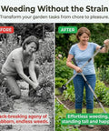 Before and after using a 45.67 Inch Standing Hand Weeder With Long Handle Hoe And Non Slip Grip for back-saving gardening.