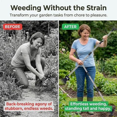 Before and after using a 45.67 Inch Standing Hand Weeder With Long Handle Hoe And Non Slip Grip for back-saving gardening.