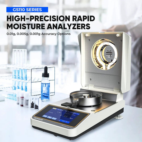 Portable Halogen Moisture Meter With 110g 10mg Precision, Quick Heat And Drying From 40 To 160 C, Super Handy Moisture Tester For Food, Plants, And Building Materials Lab Use in lab with sample pan and touchscreen