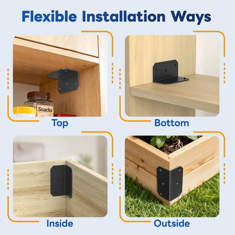 4 Inch Black L Bracket For Wood Projects Heavy Duty 90 Degree Corner Brace shown in various installations