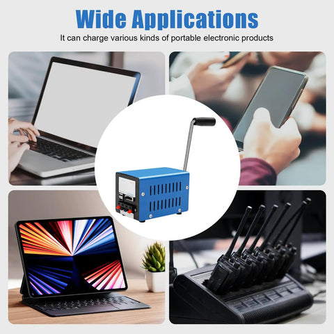 Portable 20W Hand Crank Generator With USB Output and 28V Direct Power shown charging laptops, phones, and radios