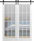 Heck Of An Upgrade Totally Smooth Double Barn Door Pair White Frame With Clear Glass 12 Lites 48X84 Inches in bedroom setting.