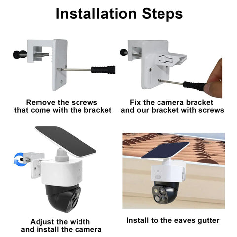 Heavy Duty Gutter Mount Bracket for Security Cameras installation steps, no drill install, white metal holder fits SoloCam S340 E30 E42