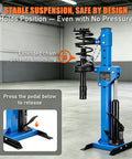 4.5 Ton Hydraulic Strut Spring Compressor with foot operated power, showing stable suspension and chain feature in garage setting.