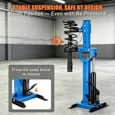 4.5 Ton Hydraulic Strut Spring Compressor with foot operated power, showing stable suspension and chain feature in garage setting.