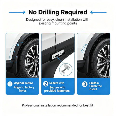 Installation guide for Heavy Duty Mud Flaps For Tesla Cybertruck 2024 Through 2026 showing no drilling required.