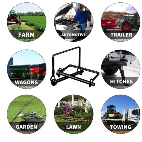 Collage showing applications of trailer hitch pin in farm, automotive, trailer, wagons, hitches, garden, lawn, towing environments.