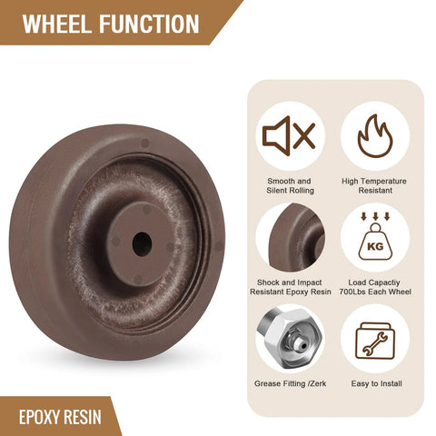 Brown epoxy-resin caster wheel with mounting hub; hi-temp nylon/glass wheel for ovens and dryers
