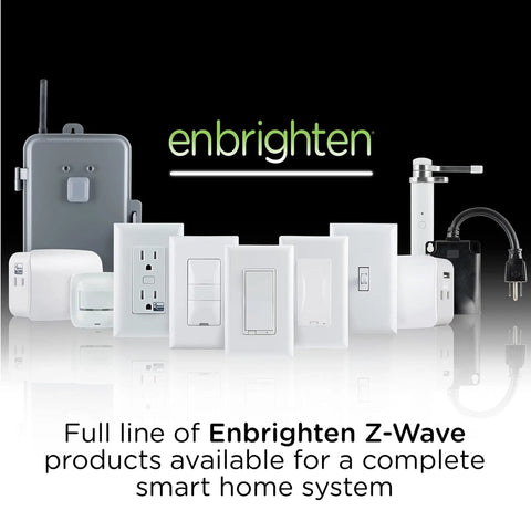 Assorted Enbrighten Z-Wave smart home products with text "Full line of Enbrighten Z-Wave products available for a complete smart home system"