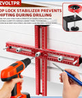 Foldable Boss Level Cabinet Hardware Jig With Pro Carpenter Pencil in use, showcasing red aluminum steadying drill layout.
