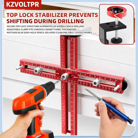 Foldable Boss Level Cabinet Hardware Jig With Pro Carpenter Pencil in use, showcasing red aluminum steadying drill layout.