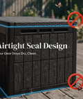 Huge 120 Gallon Resin Deck Box Weatherproof Outdoor Storage Bench with airtight seal design shown in a garden setting.