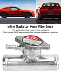 Must Have Inline Aluminum Radiator Hose Filler Neck Cap 32mm 1 And A Quarter Inch 16 PSI Durable Alloy Coolant Fitting For Quick Fill And Reliable Engine Cooling Performance, showing a polished 16 PSI cap and lightweight design.