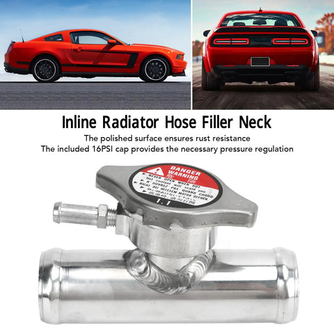 Must Have Inline Aluminum Radiator Hose Filler Neck Cap 32mm 1 And A Quarter Inch 16 PSI Durable Alloy Coolant Fitting For Quick Fill And Reliable Engine Cooling Performance, showing a polished 16 PSI cap and lightweight design.