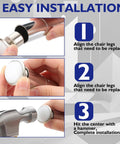 Three steps for installing 16 Pcs Five Eighths Inch Swivel Glides With Beveled Ferrule For Stacking Chairs shown with hands and a hammer.