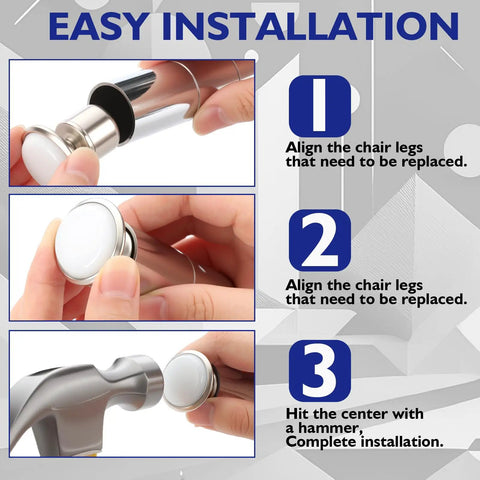 Three steps for installing 16 Pcs Five Eighths Inch Swivel Glides With Beveled Ferrule For Stacking Chairs shown with hands and a hammer.