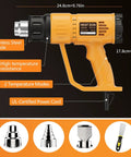 Side view of Go-To Heavy Duty 1800W Heat Gun Kit with dual temperature, stainless steel nozzle, and four attachments visible.