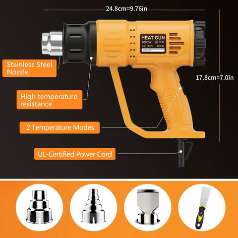 Side view of Go-To Heavy Duty 1800W Heat Gun Kit with dual temperature, stainless steel nozzle, and four attachments visible.