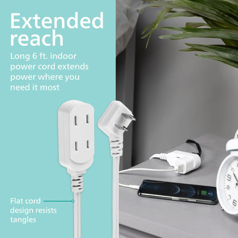 Two Pack Extension Cords With Three Outlets Each, Six Foot Length, Flat Wall Plug, Indoor Power Strip With Safety Slide, Right Angle Two Prong Plug, White, ETL Listed, Great For Lamps, Chargers And Small Appliances