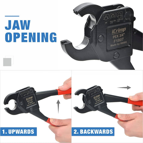 All-In-One PEX Crimp Tool Kit For One Half And Three Quarter Inch Copper Crimp Rings, jaw opening demonstrations