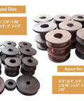 Round and square dies for Heavy Duty Electric Pipe Bender Roller Setup, various sizes for adjustable shaping of steel tubing.
