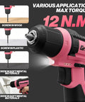 Pink 8V Cordless Drill And Screwdriver Combo Kit With 43 Piece Slick Accessory Bundle Featuring Bright Led Light For Zero Fuss Woodworking Projects Perfect For Weekend Warriors close-up showing various applications for wood, plastic, and soft metals.