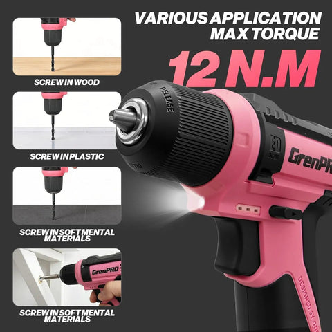 Pink 8V Cordless Drill And Screwdriver Combo Kit With 43 Piece Slick Accessory Bundle Featuring Bright Led Light For Zero Fuss Woodworking Projects Perfect For Weekend Warriors close-up showing various applications for wood, plastic, and soft metals.