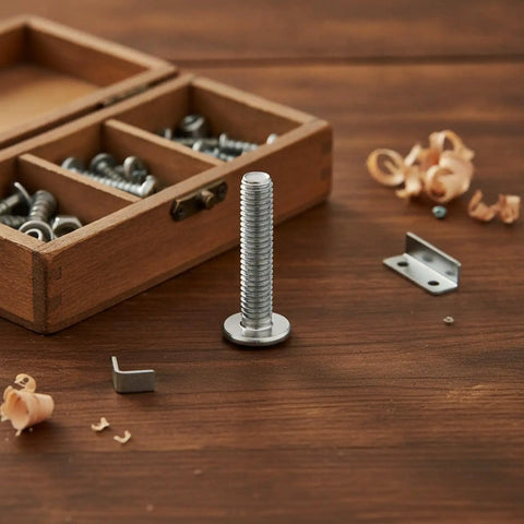 Dual Thread Hanger Bolt For Furniture Assembly And Woodworking, Wood Threads On One End And Machine Threads, silver finish on table