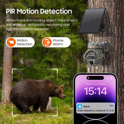 Heavy Duty Camouflage Solar Security Camera Outdoor 6Mp 12X Zoom Foolproof PIR Detection with bear in background.