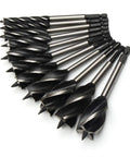 Killer Cut 11 Piece Hex Shank Wood Drill Bit Set 10mm To 32mm Four Slot Spiral Bore Hole Twist Drills in a row.