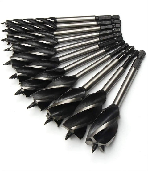 Killer Cut 11 Piece Hex Shank Wood Drill Bit Set 10mm To 32mm Four Slot Spiral Bore Hole Twist Drills in a row.