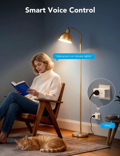 Woman reading by lamp with Real Time Energy Monitoring Smart Plug With WiFi And Bluetooth, Works With Alexa And Google Assistant, 15A Outlet With Timer And Group Control, No Hub Needed, ETL And FCC Certified, Ideal For Home Energy Savings, 4 Pack.
