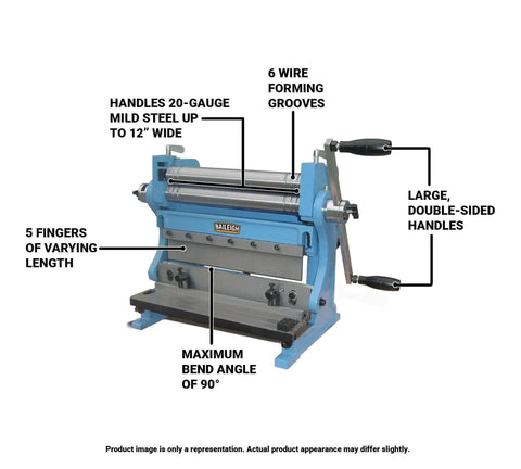 Front view of 12 Inch Shear Brake Roll for 20 Gauge Mild Steel with 6 grooves, adjustable fingers, and handles for small sheet metal projects.