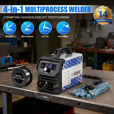 Garage Ready 210A 4 In 1 Mig Tig Stick Welder 120V Gas Or Gasless Flux Core Mig Lift Tig IGBT Inverter on workbench