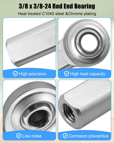 4 Pack 3/8 x 3/8-24 Heim Joint Rod End Kit For Hydraulic Cylinders, Beefed-Up High-Strength C1045 Steel, Heat-Treated, Chrome-Plated Ball, Low Noise, Corrosion-Resistant, Heavy Load Capacity Up To 12224 Lbs, Durable And Precise. 3/8-24 rod end bearing close-up