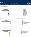 Instructions for reversing Kason hinge strap, showing step-by-step process with images of removing, flipping, and replacing parts.