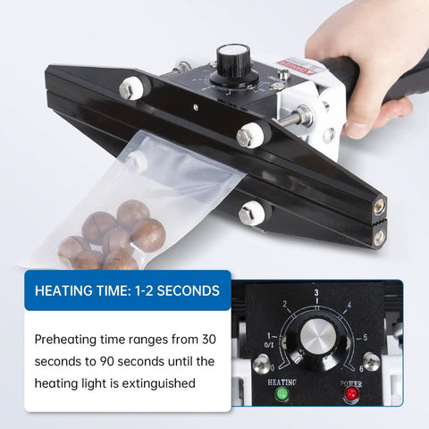 Killer Portable Handheld Heat Sealer For Mylar And Foil Bags Eight Inch Wide Jaw in use sealing a plastic bag with snacks.